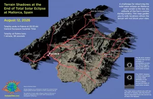 Carte des meilleures zones pour observer l’éclipse solaire 2026 à Majorque avec les ombres du relief