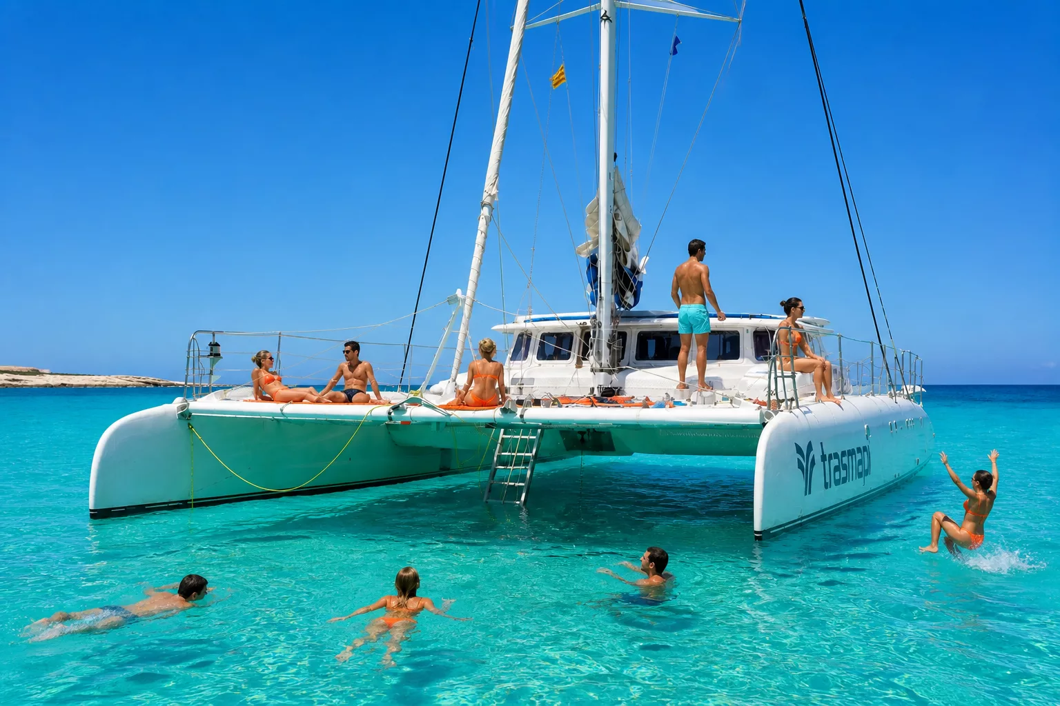Guests swimming around the SunCat catamaran in turquoise water