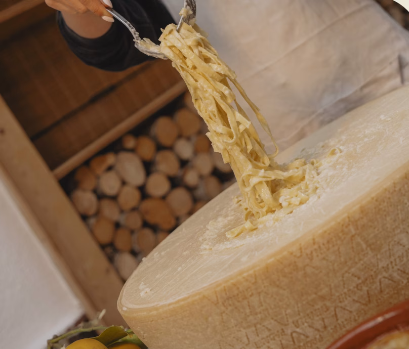 Pasta finished in a Parmesan wheel at Trattoria Battiato in Sant Elm