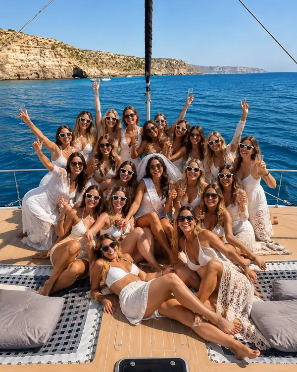 Bride-to-be and her friends dressed in white celebrating a hen do on a catamaran deck in Mallorca