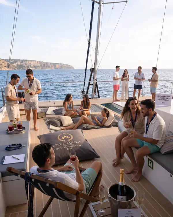 Colleagues with event lanyards relaxing with drinks on the deck of a catamaran during a company day in Mallorca